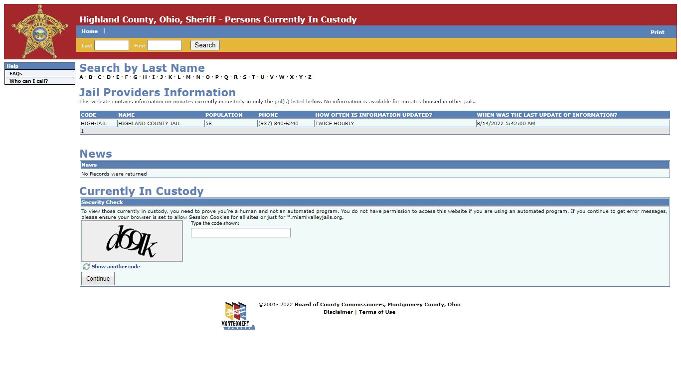 Highland County, Ohio, Sheriff - Persons Currently In Custody